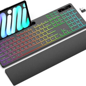 Wireless Keyboard with 7 Color 4 Mode RGB Backlighting Ergonomic Design and Wrist Rest Stand