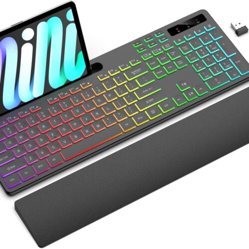 Wireless Keyboard with 7 Color 4 Mode RGB Backlighting Ergonomic Design and Wrist Rest Stand