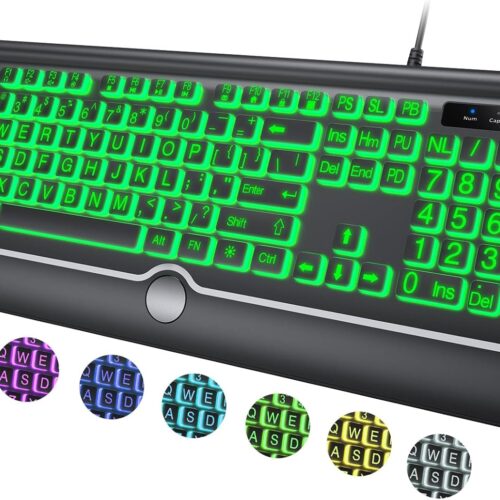Large Print Backlit Keyboard with Wrist Rest 7 Color Backlight USB Plug and Play