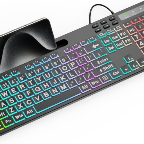 Full Size Backlit Keyboard with Large Print Keys 7 Colors 11 Modes Stand and Quiet Keys