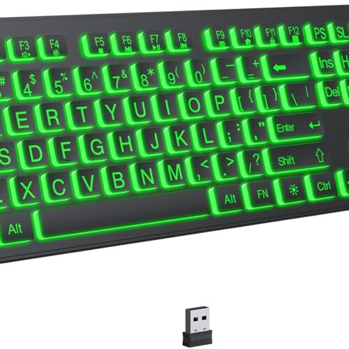 Full Size Wireless Backlit Keyboard with Large Print Keys 2.4G Silent 7 Color Lighting