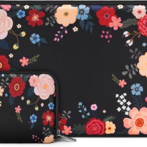 Neoprene laptop sleeve with small case fits 13-13.3 inch laptops ink dyed flower pattern