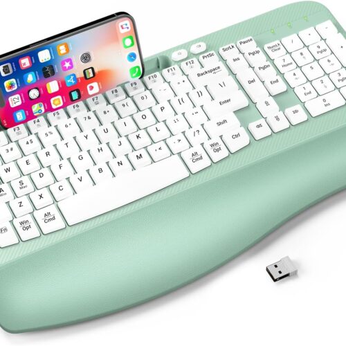 Ergonomic Wireless Keyboard with Cushioned Wrist Rest Wave Style Keys and Phone Holder