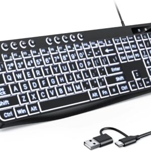 Wired Keyboard with Large Print Keys and Dual Interface Type C USB White Backlight