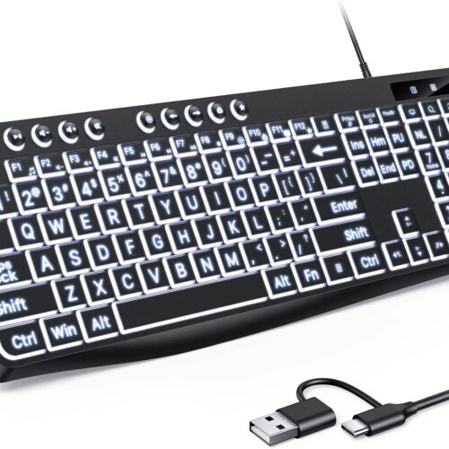 Wired Keyboard with Large Print Keys and Dual Interface Type C USB White Backlight