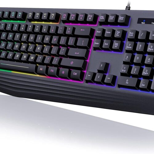 Gaming Keyboard 7 Color Backlight 104 Keys Quiet Operation Wrist Rest Water Resistant