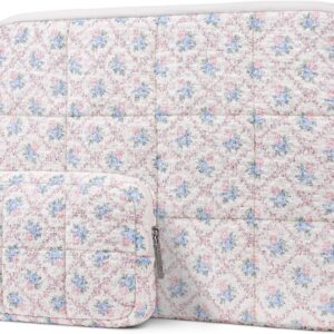 Puffy laptop sleeve with floral grid design fits 13-14 inch laptops square quilted carrying bag with small accessory case